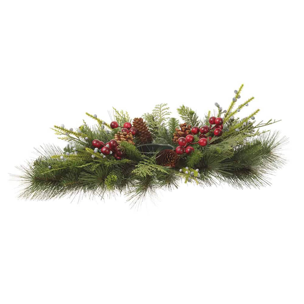 Mixed Pine/Red Berry/Cone Centerpiece Green Red 26in