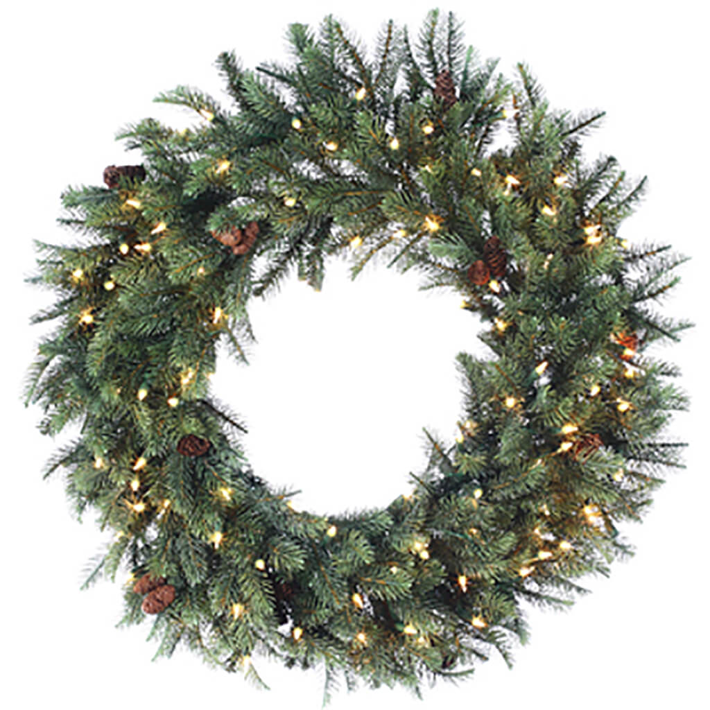 New England Pine Wreath 24in with Cones &amp; 50 Clear Lights Green