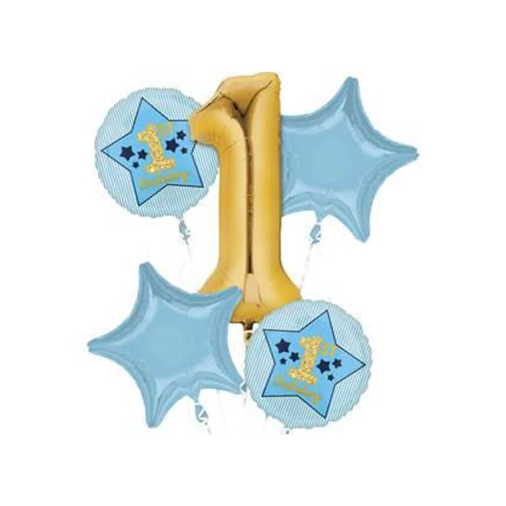 Boy 1st Birthday Blue &amp; Gold Bouquet Of Balloons