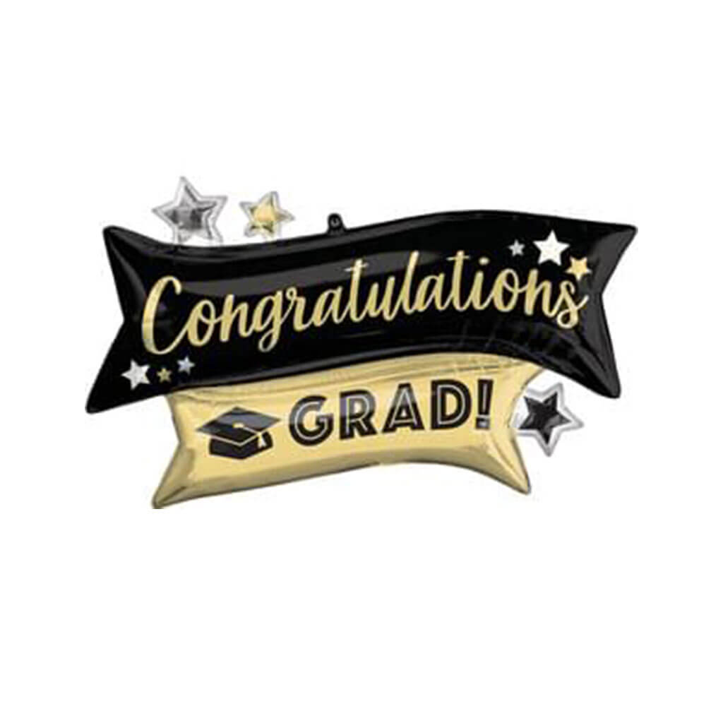 Congratulations Grad Gold &amp; Black Super Shape Banner Foil Balloon, 38in