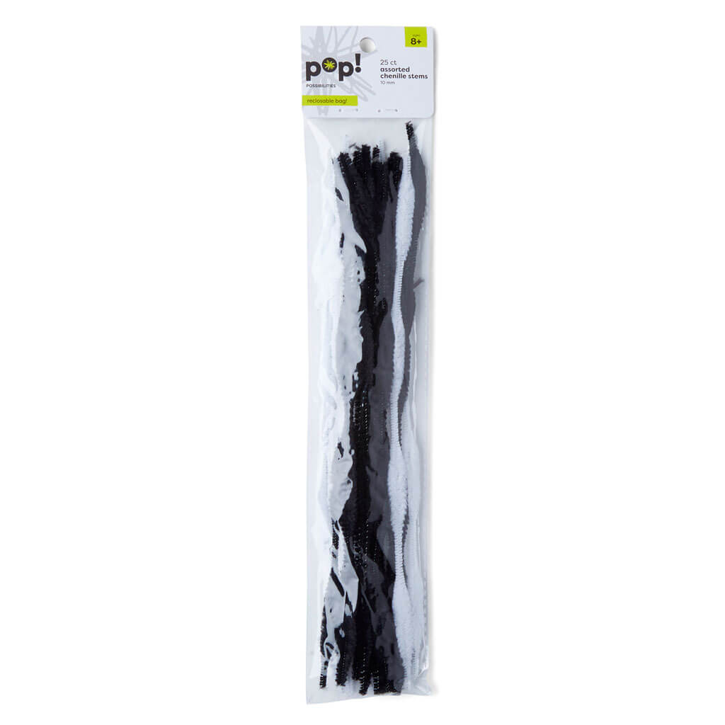 White Black Chenille Stems 25ct 10mm