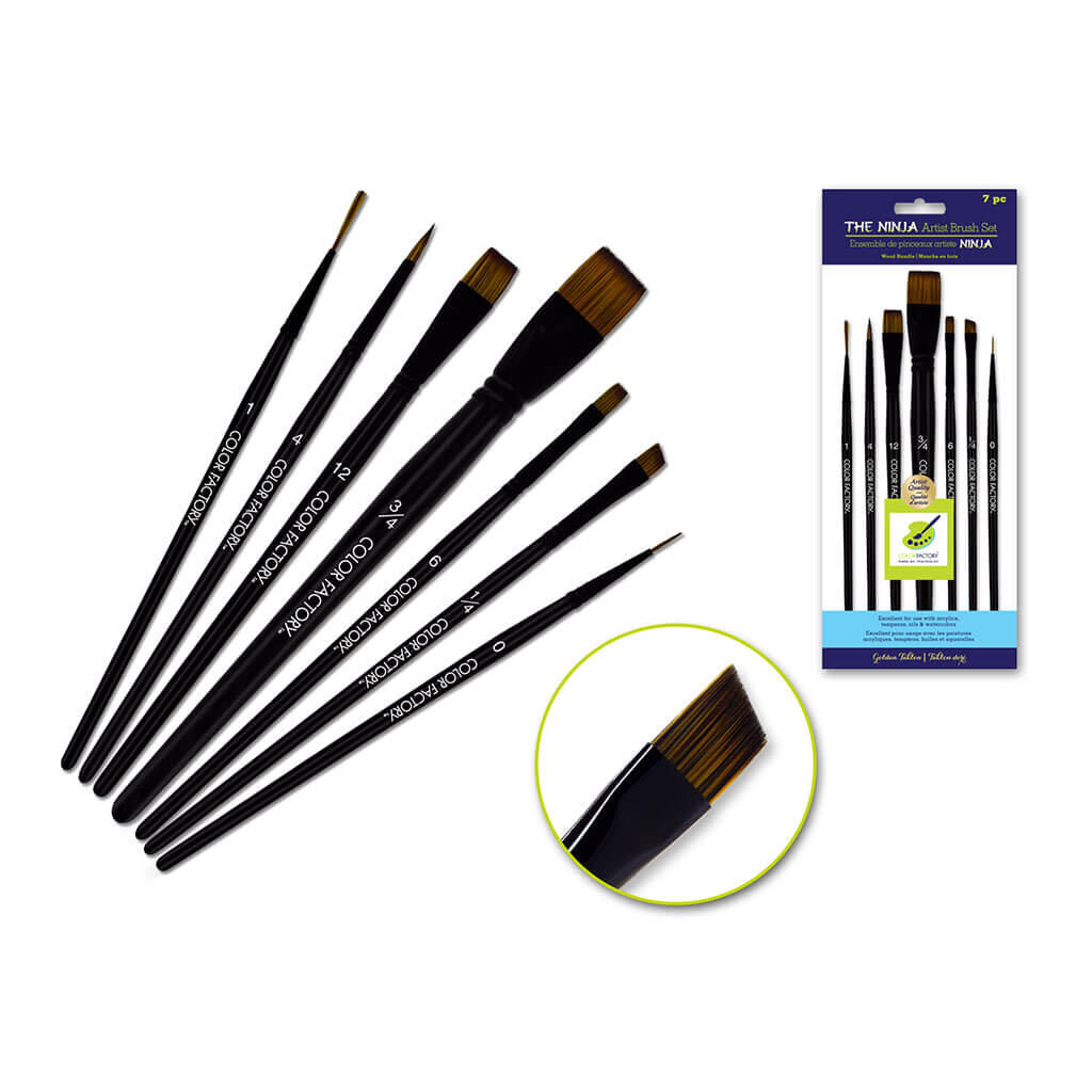 Artist Brush Set: The Ninja Art Set Wood Handle/Nylon Hair, x7