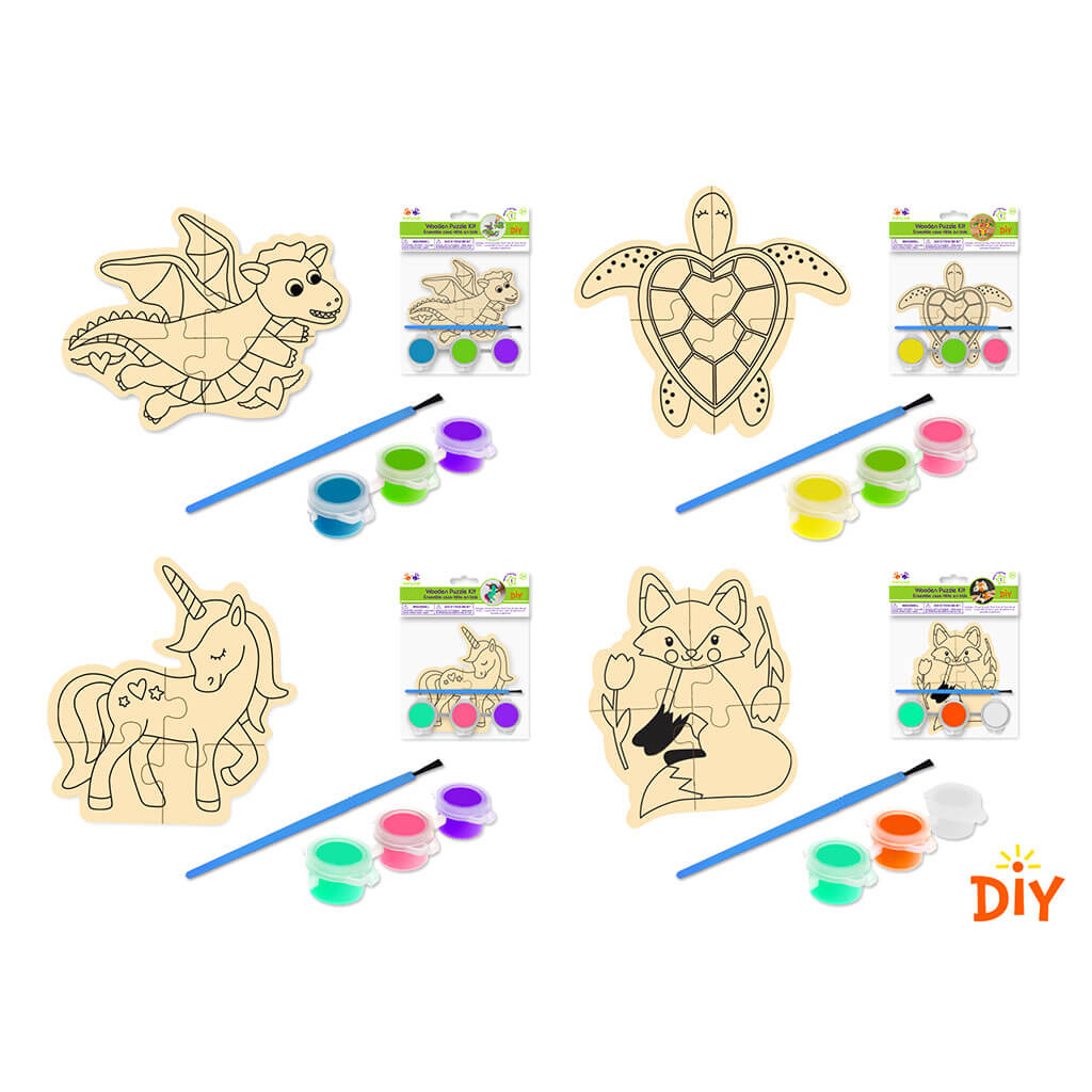 Krafty Kids Kit: DIY Wood Puzzle Kit w/3 Paint Pots Brush - Fox