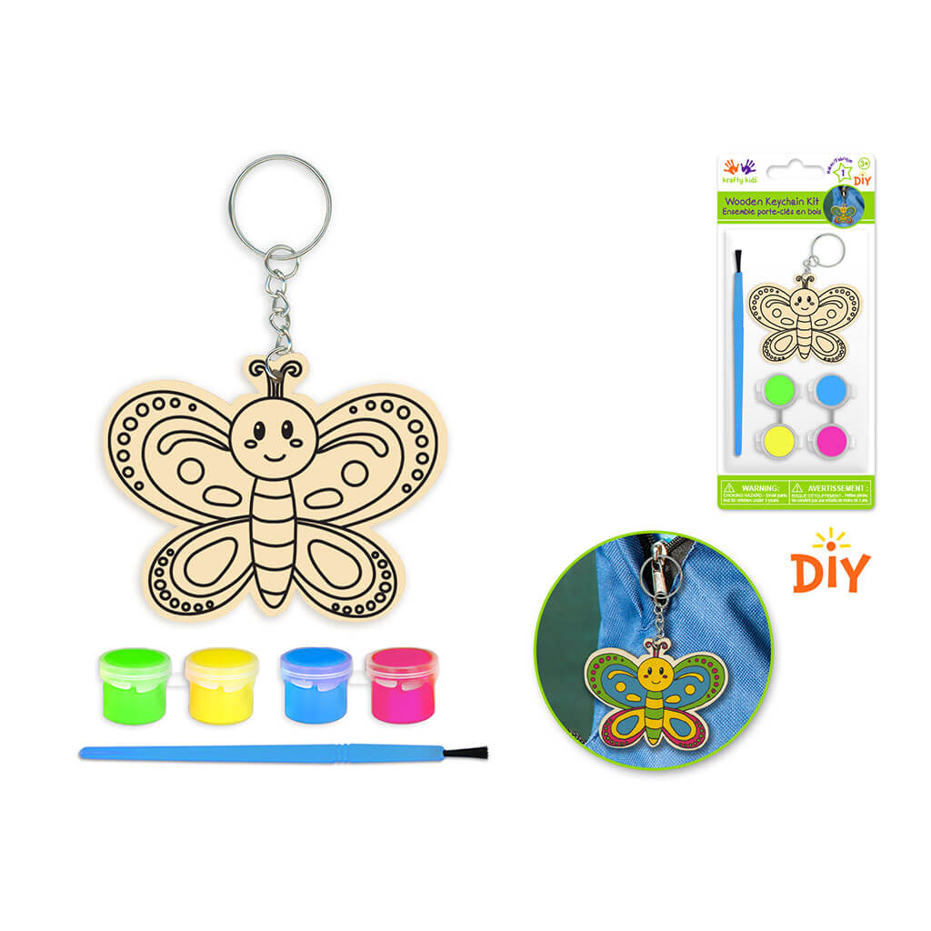 Krafty Kids Kit: DIY Wood Keychain Kit w/4 Paint Pots+Brush - Butterfly