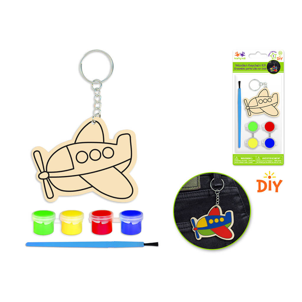 Krafty Kids Kit: DIY Wood Keychain Kit w/4 Paint Pots+Brush - Plane