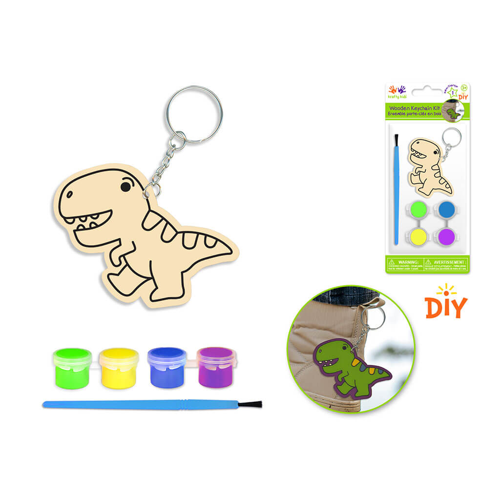 Krafty Kids Kit: DIY Wood Keychain Kit w/4 Paint Pots+Brush - TRex