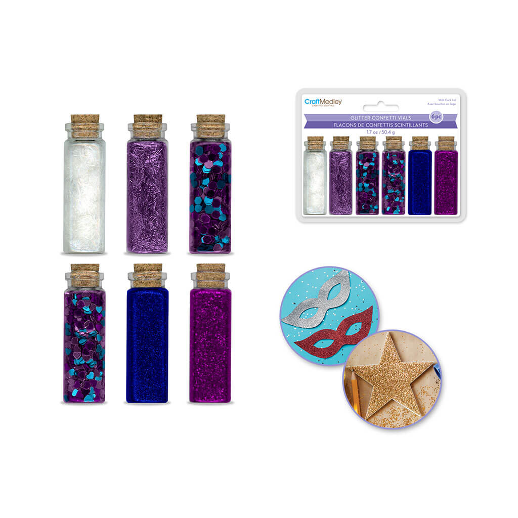 Craft Medley: Glitter/Confetti Vials Asst w/Cork Lid (6 x 8.4-Regal), 50.4g