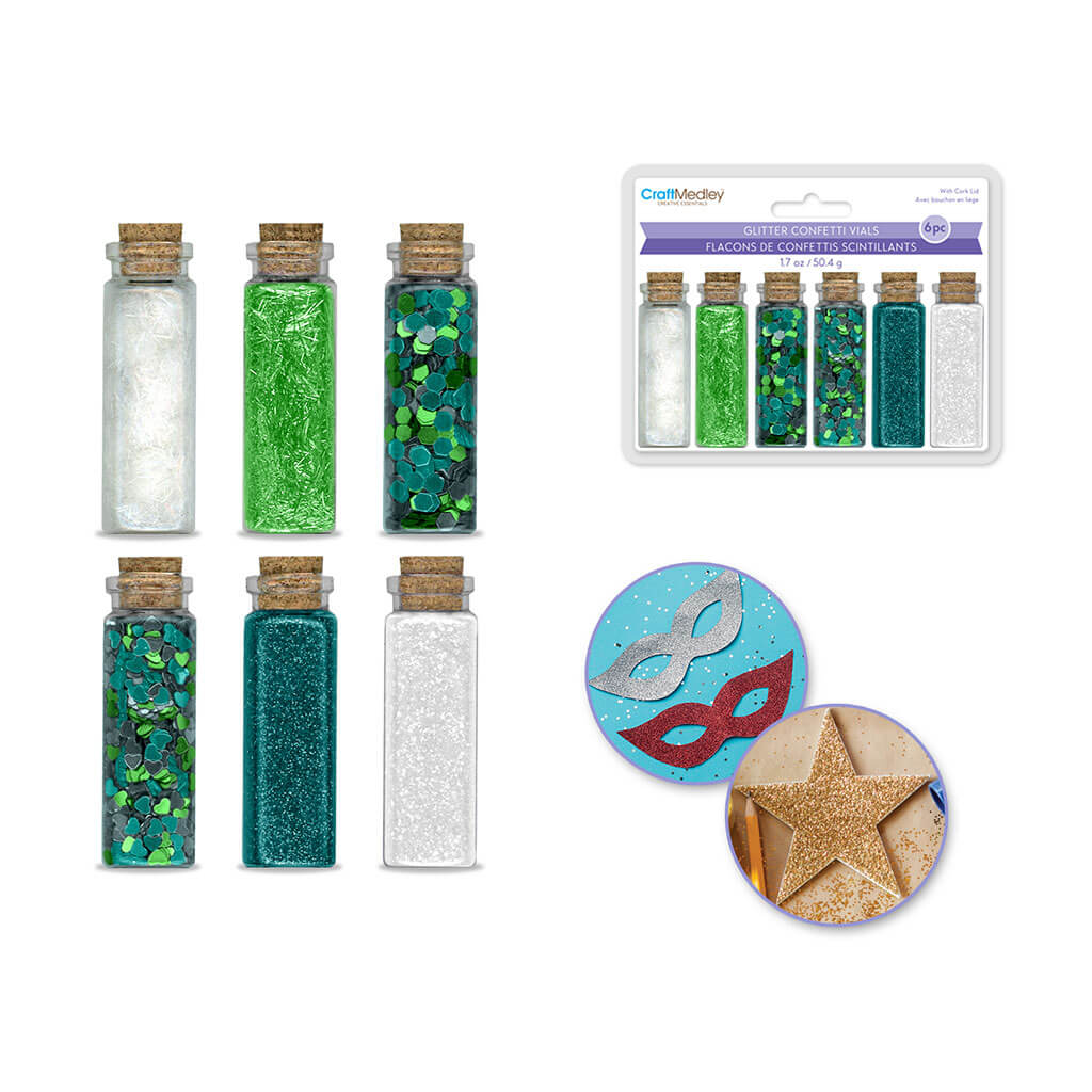 Craft Medley: Glitter/Confetti Vials Asst w/Cork Lid (6 x 8.4-Sky), 50.4g