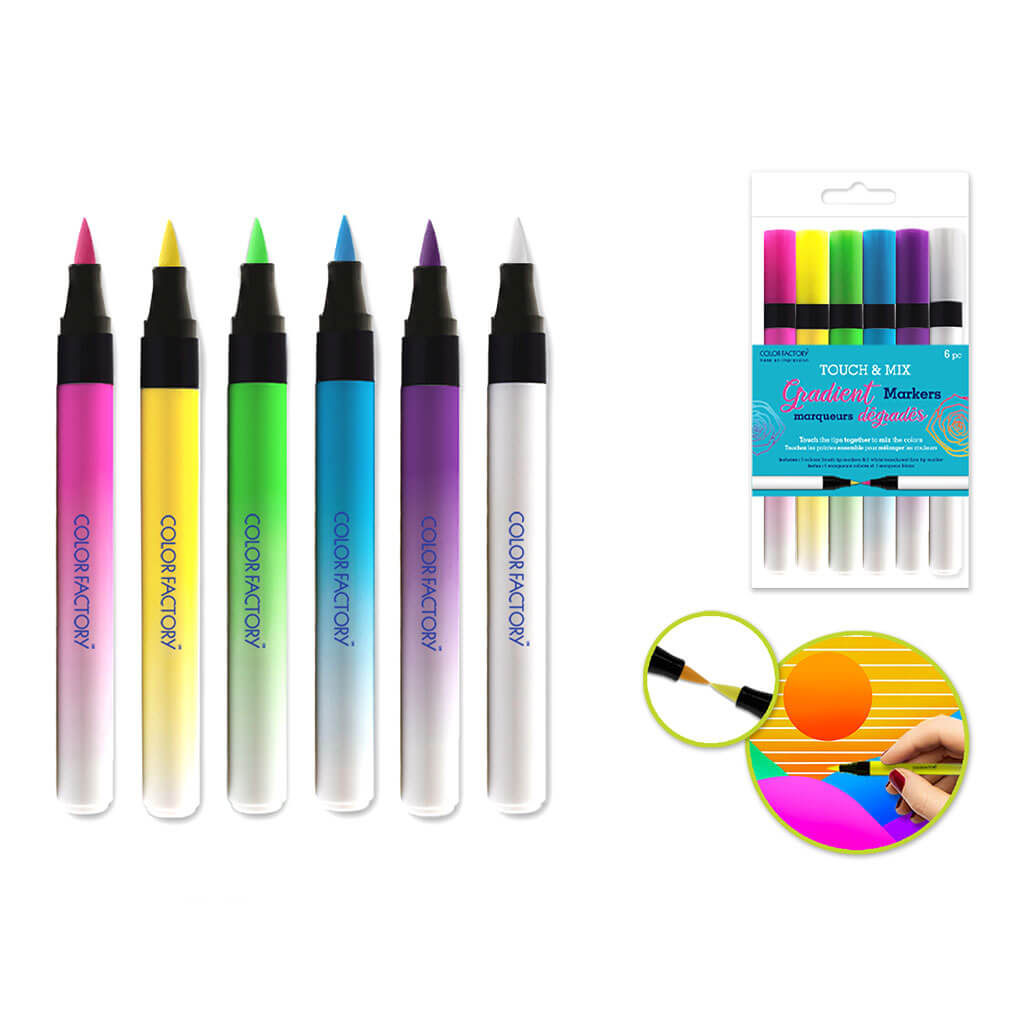 Color Factory: Touch &amp; Mix Gradient Markers Brush Tip Alc - Brights Mix, 6pk