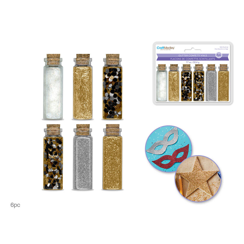 Craft Medley: Glitter/Confetti Vials Asst w/Cork Lid (6 x 8.4-Metallique), 50.4g