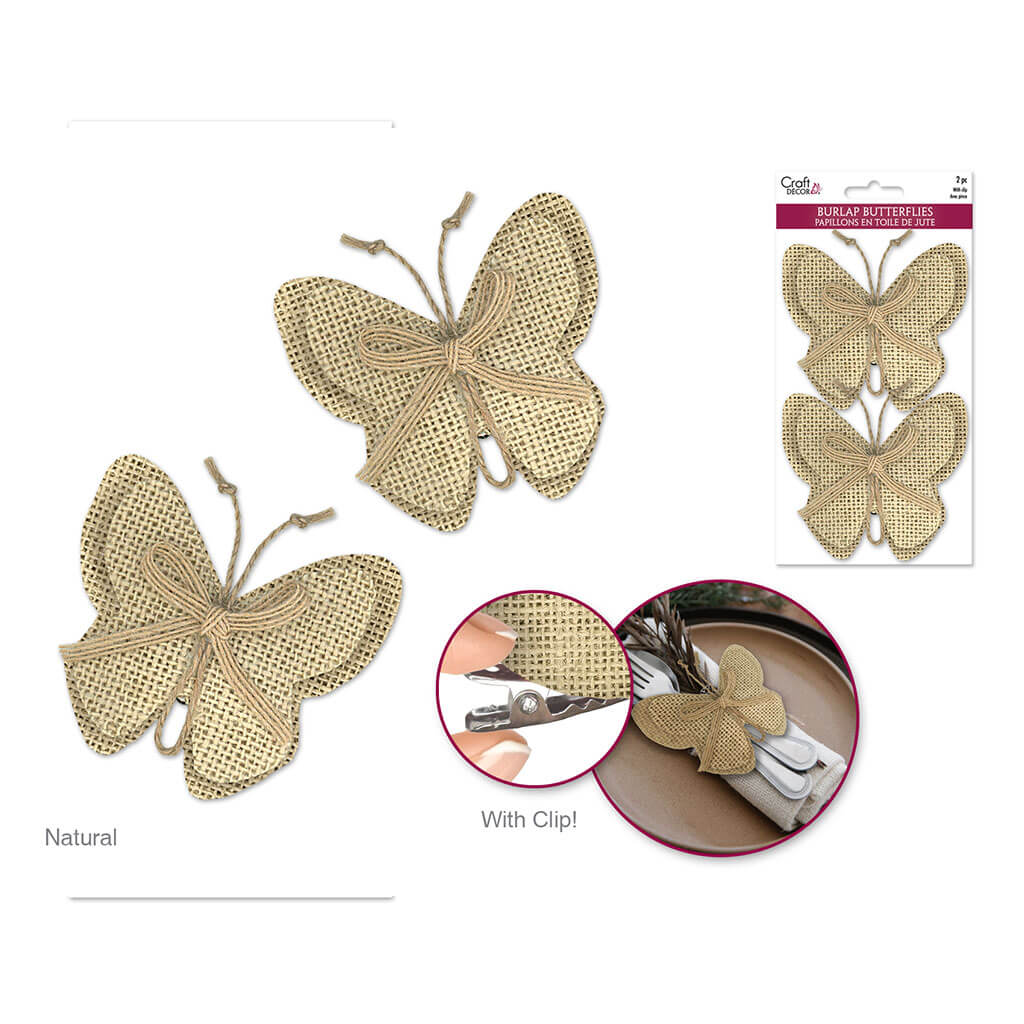 Craft Decor: Burlap Butterflies w/Clip + Burlap RA. x2, 8.8cm x 10cm