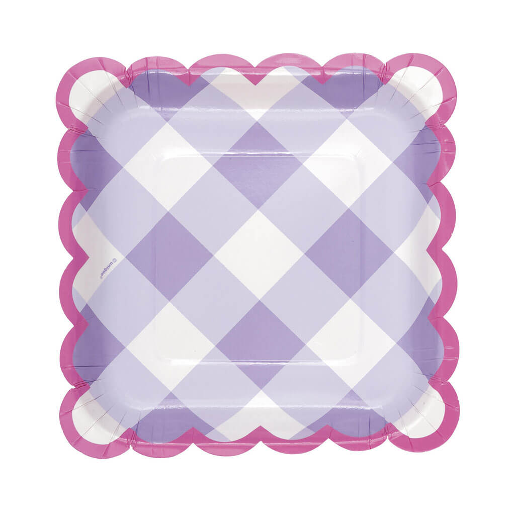 Pastel Gingham Scalloped Edge Square Dessert Plates 7in, 8ct