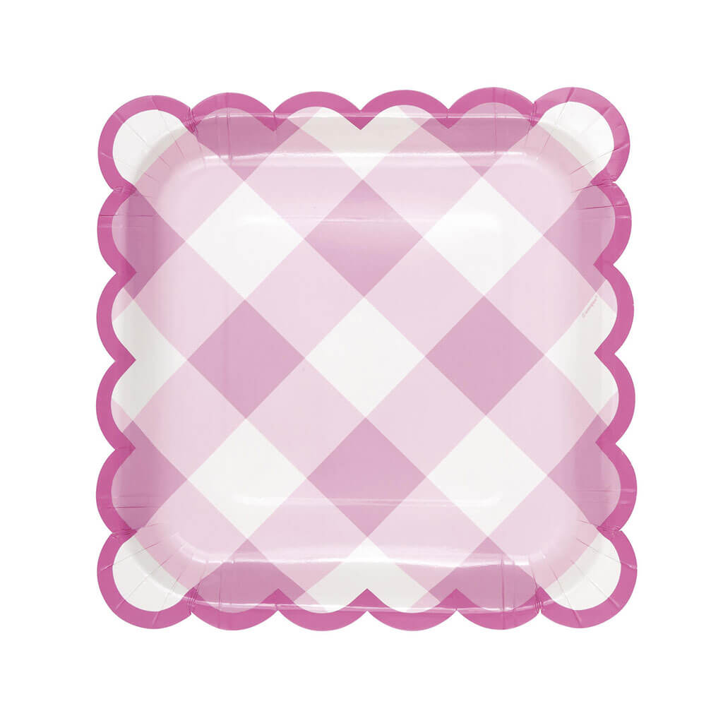 Pastel Gingham Scalloped Edge Square Dinner Plates 9in, 8ct