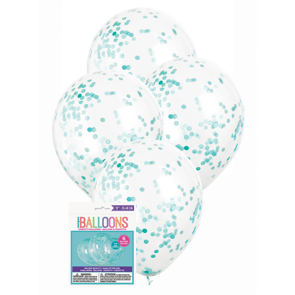 Clear Latex Balloons with Caribbean Teal Confetti 12in, 6ct