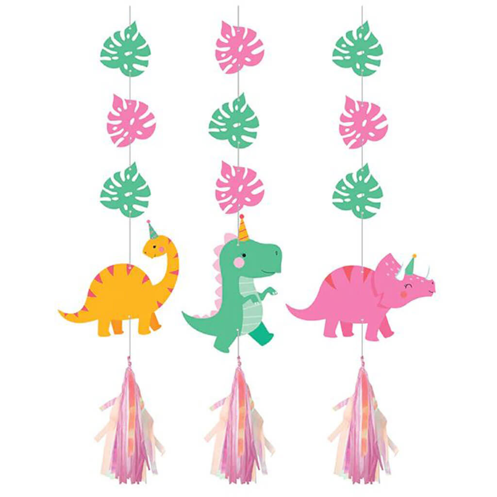 Girl Dino Party Hanging Cutouts with Tassles Iridescent, 3ct