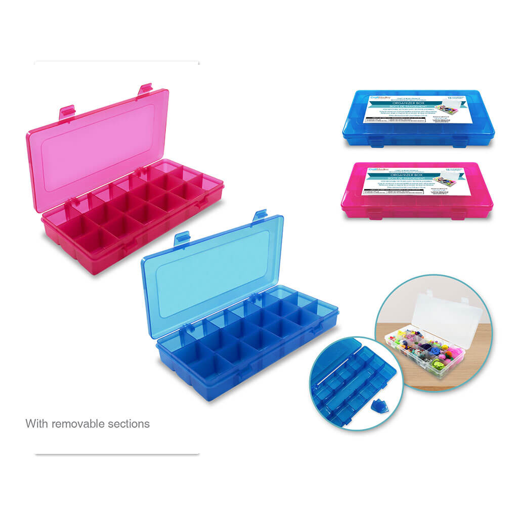 Craft Storage: Organizer Box 18-Comp w/ Lid Pink, 9.1in x 4.4in x 1.3in