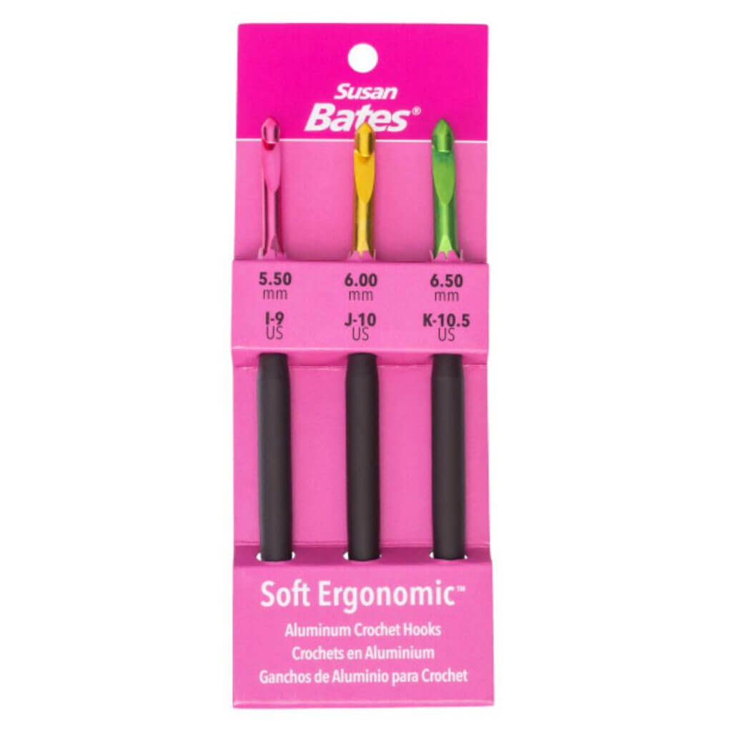 Susan Bates Silvalume Soft Ergonomic Crochet Hook Set I9/5.5mm, J10/6mm, and K10.5/6.5mm