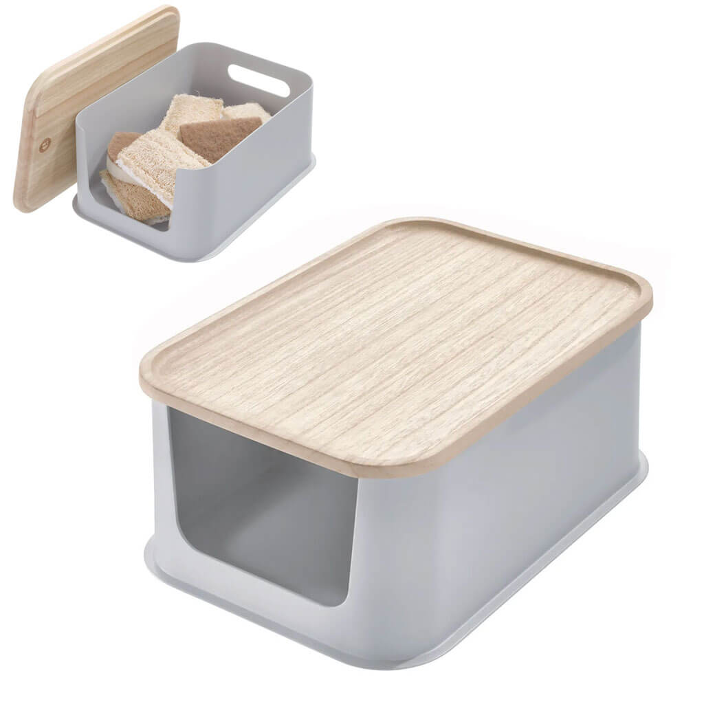 Medium Open Front Bin &amp; Wood Lid 8.4in x 11.9in x 5in Gray