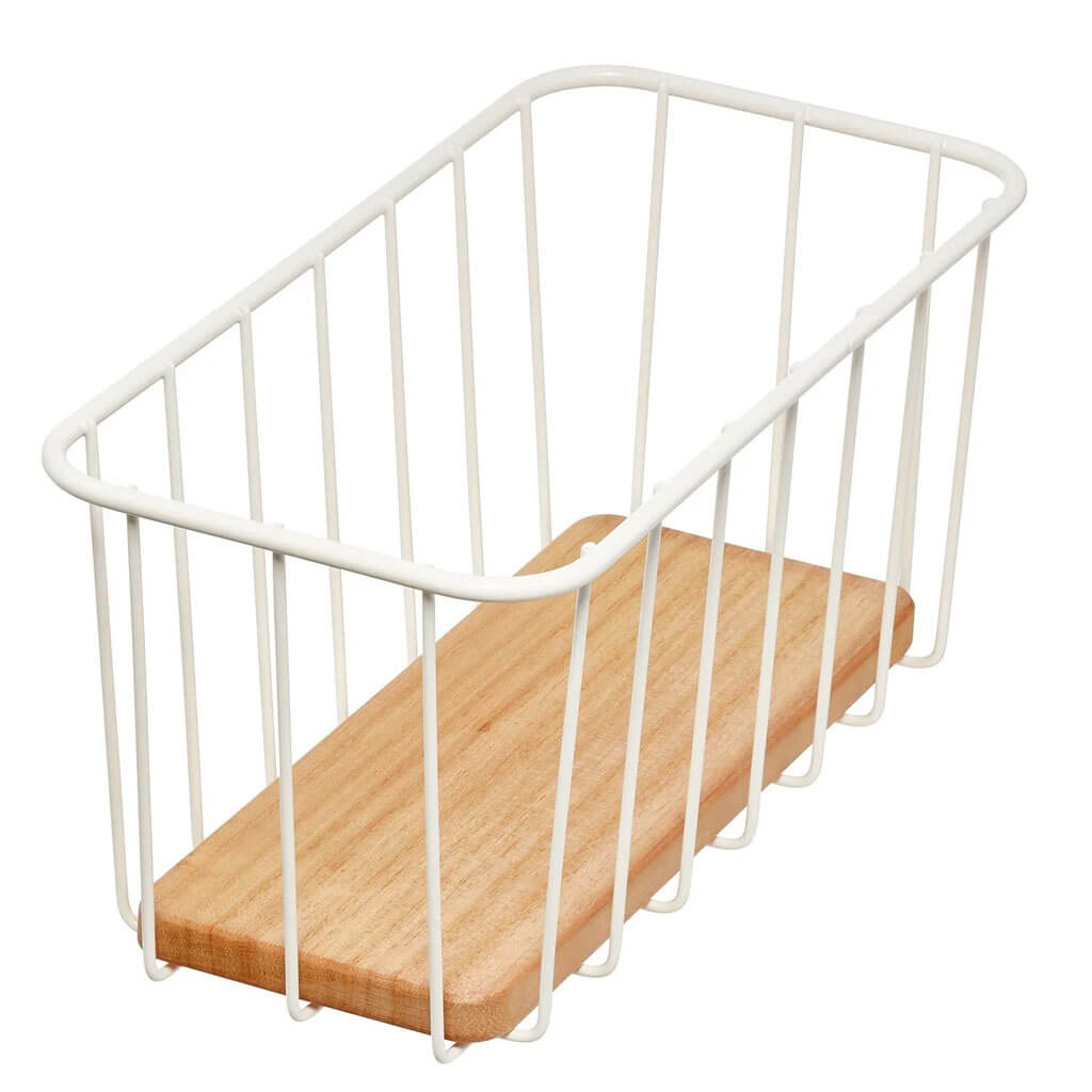 Wire &amp; Paulownia Wood Pantry Bin 10in x 5in x 5in, Cream