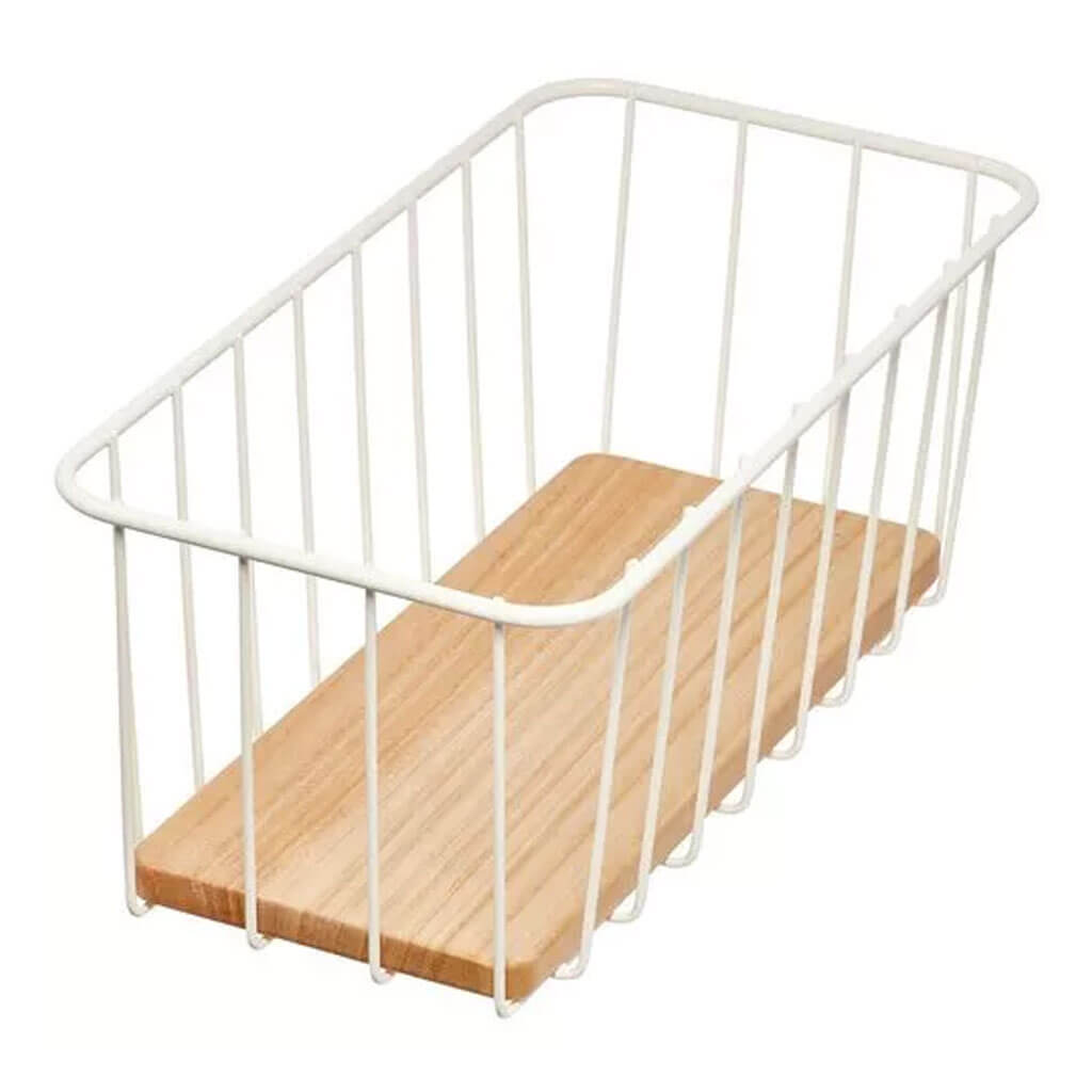 Wire &amp; Paulownia Wood Pantry Bin 12in x 6in x 5in, Cream
