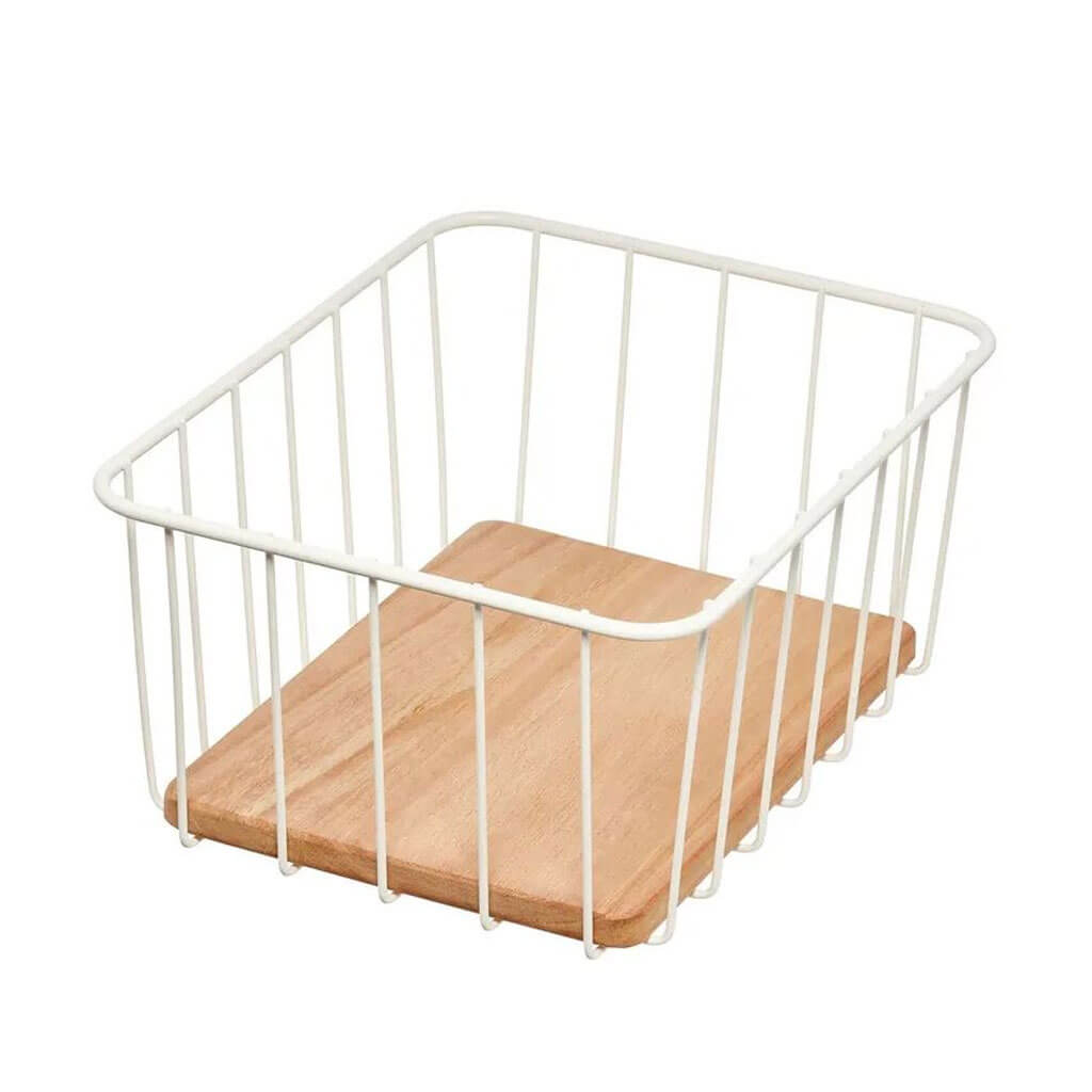 Wire &amp; Paulownia Wood Pantry Bin 10in x 8in x 5in, Cream