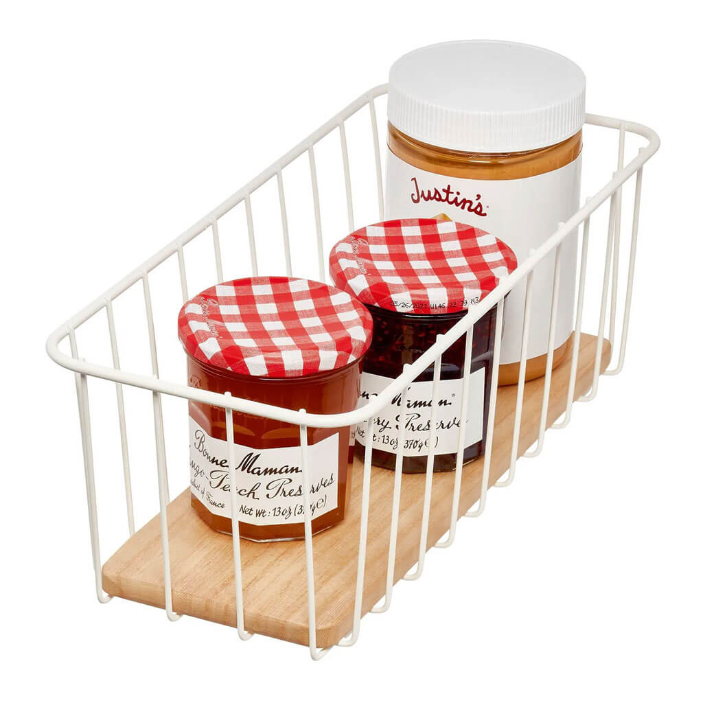 Wire &amp; Paulownia Wood Pantry Bin 14in x 6in x 5in, Cream