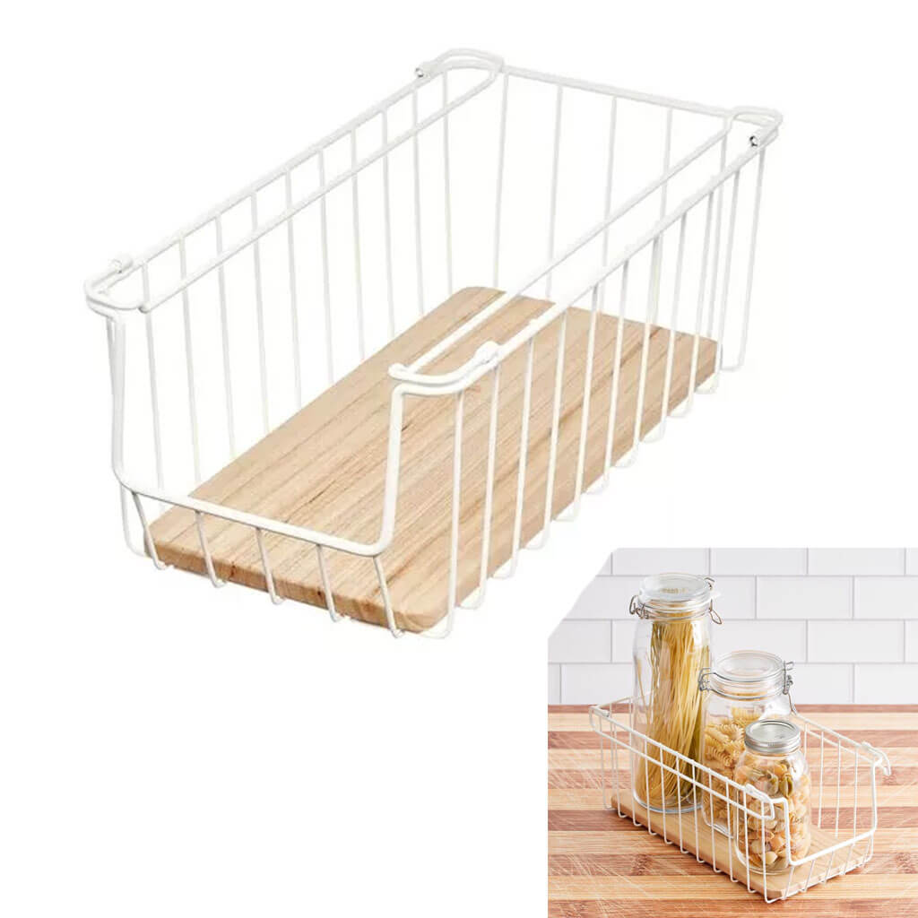 Wire &amp; Paulownia Wood Open Front Bin 16in x 8in x 6in, Cream