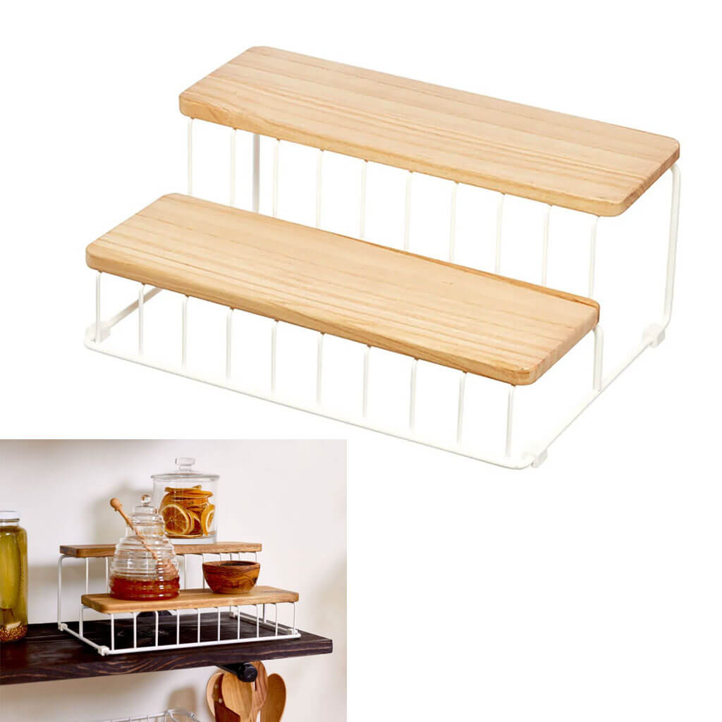 Wire &amp; Paulownia Wood 2-Tier Can Organizer, Cream