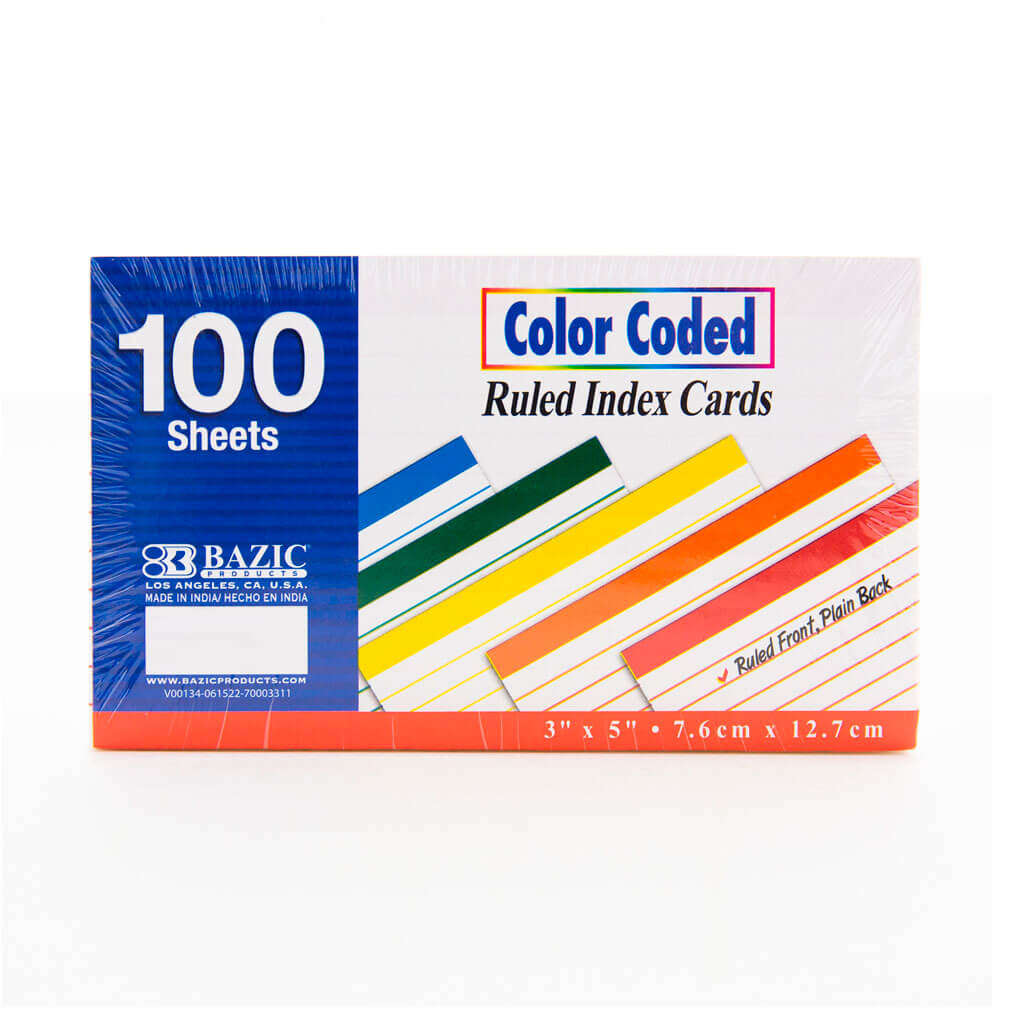 Ruled Color Coded Index Card 3in x 5in, 100ct