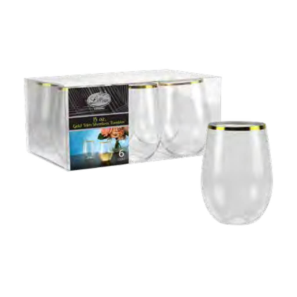 Lillian Stemless Clear Gold Rim Tumbler 15oz, 6ct