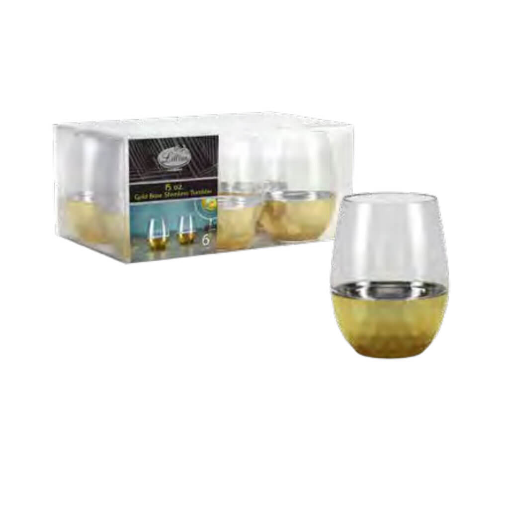 Lillian Stemless Clear Gold Vase Tumbler 15oz, 6ct