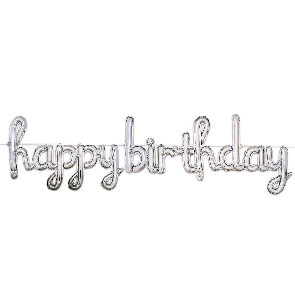 Script Happy Birthday Balloon Streamer 5.5ft x 16in, Silver