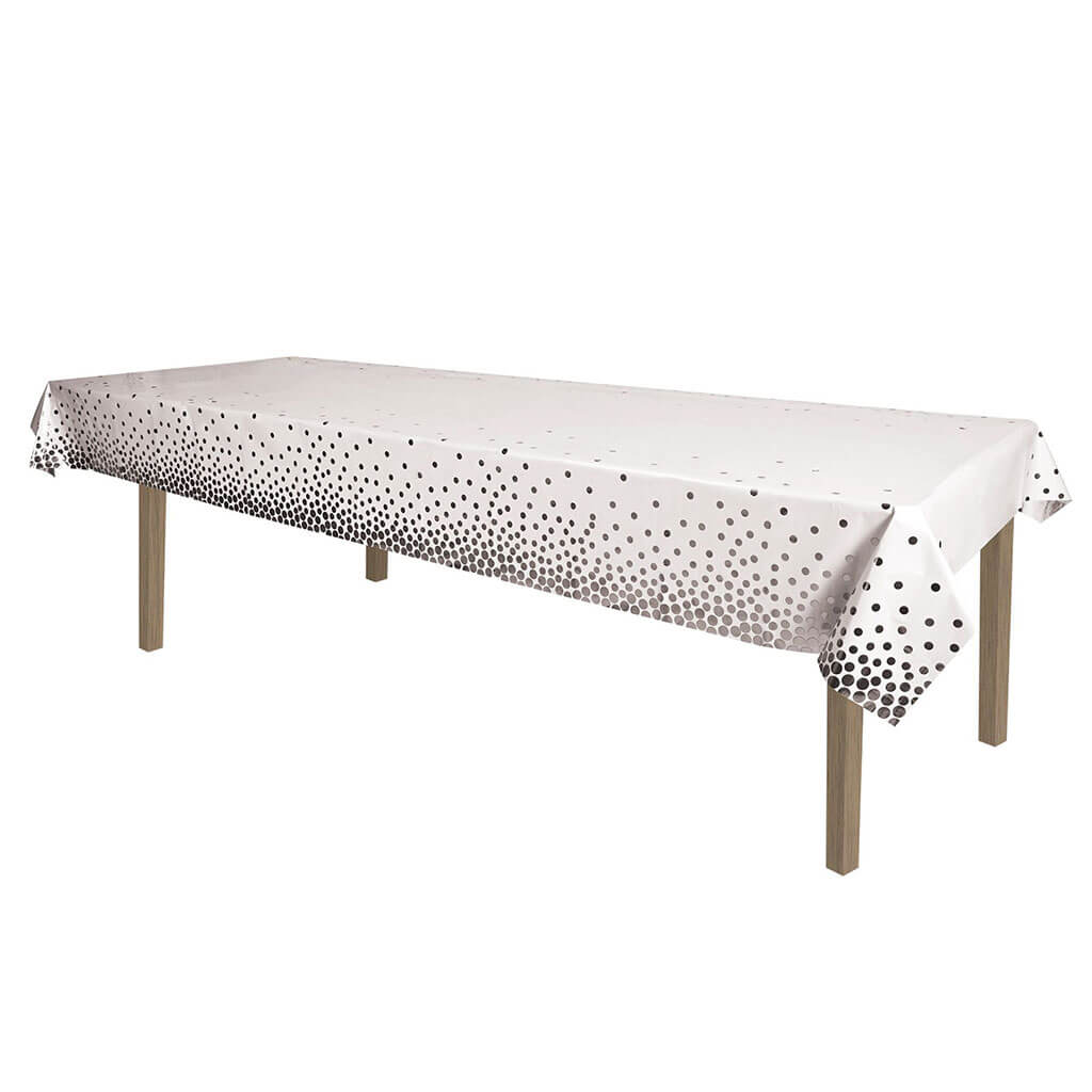 Metallic Silver Polka Dots Tablecover, 54in x 108in