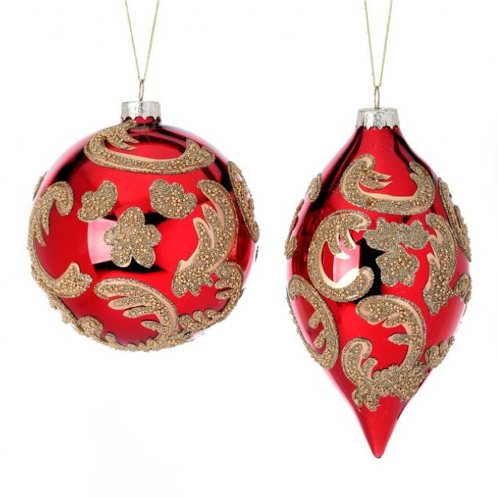 Glass Beaded Scroll Ball/Finial Ornament Red 4-6in Set of 2