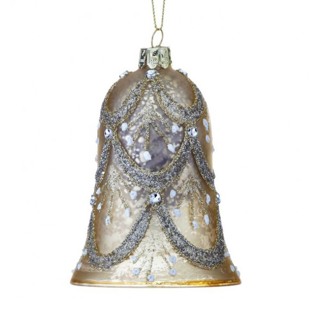 Glass Vintage Beaded Bell Ornament 4in Antique Gold