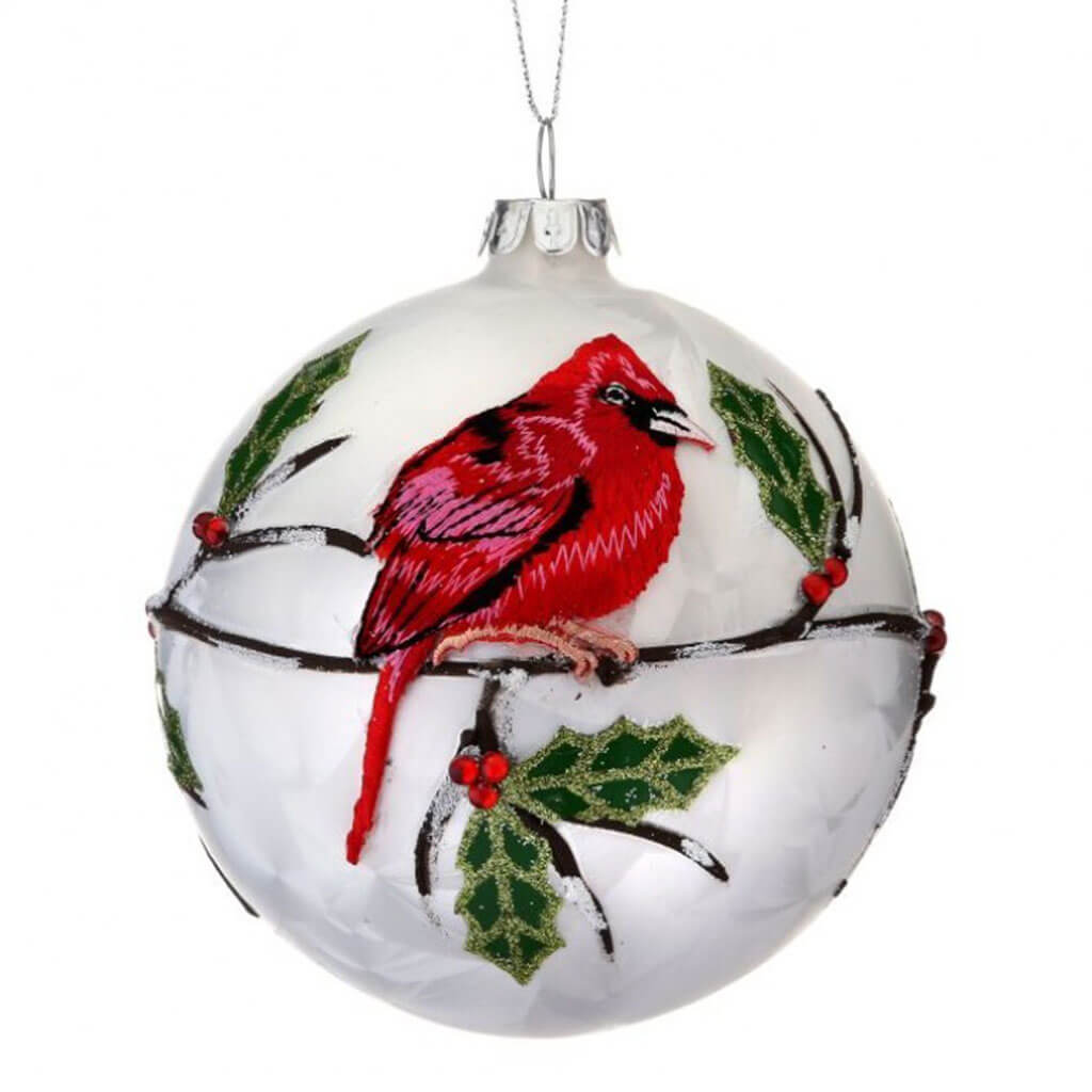 Glass with Embroid Cardinal Ball Ornament 4in Natural White