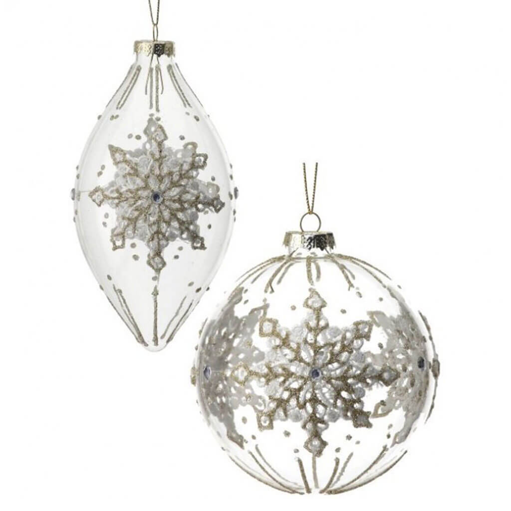 Glass Lace Snowflake Ball/Finial Ornament White Clear 4-6in Set of 2