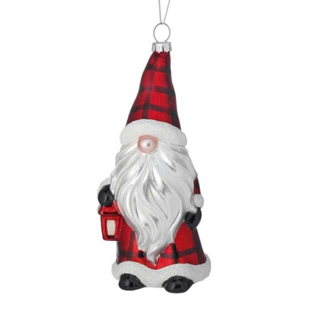 Glass Check Santa Gnome Ornament 6in Red White