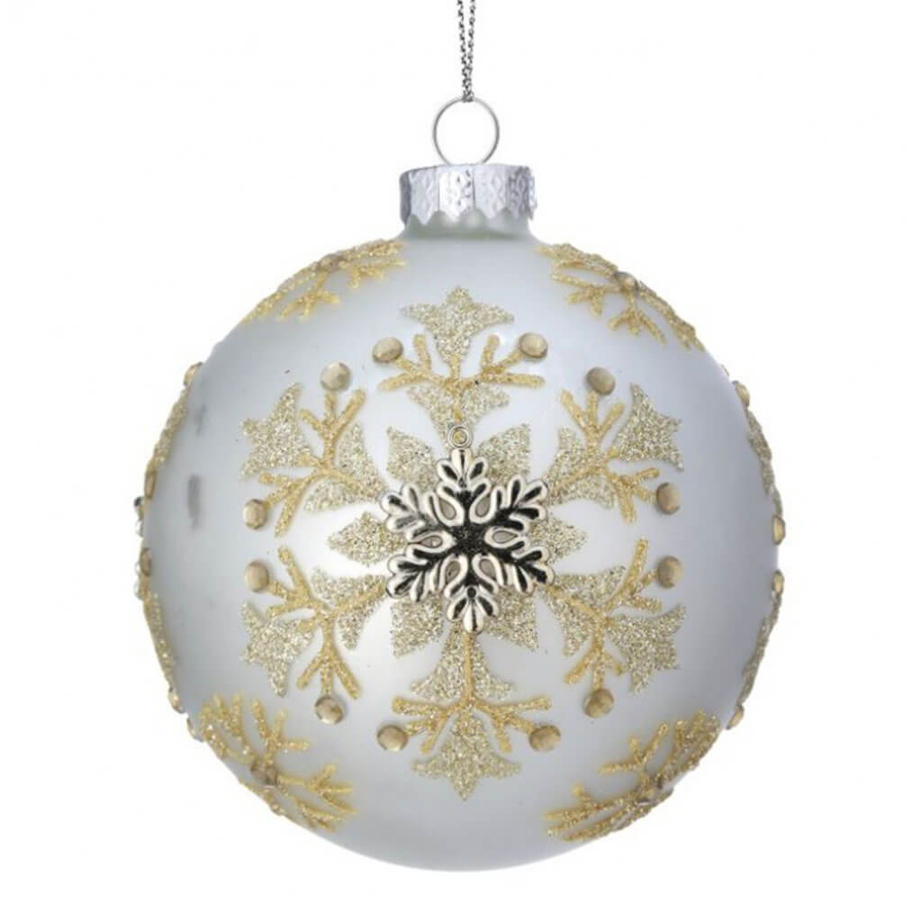 Glass Fleurdli Snowflake Ball Ornament Clear Gold 4in