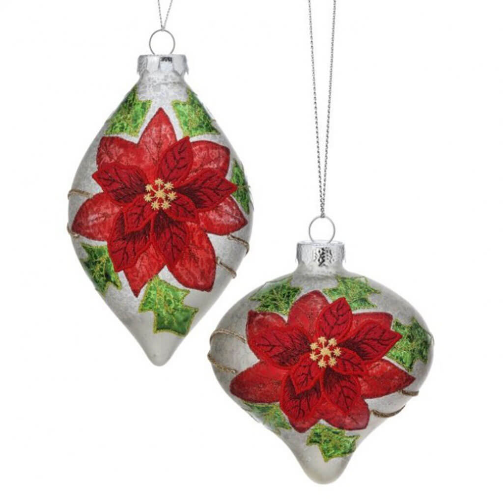 Merry Christmas Glass Poinsettia Onion/Finial Ornament Multi 4-6 Set of 2