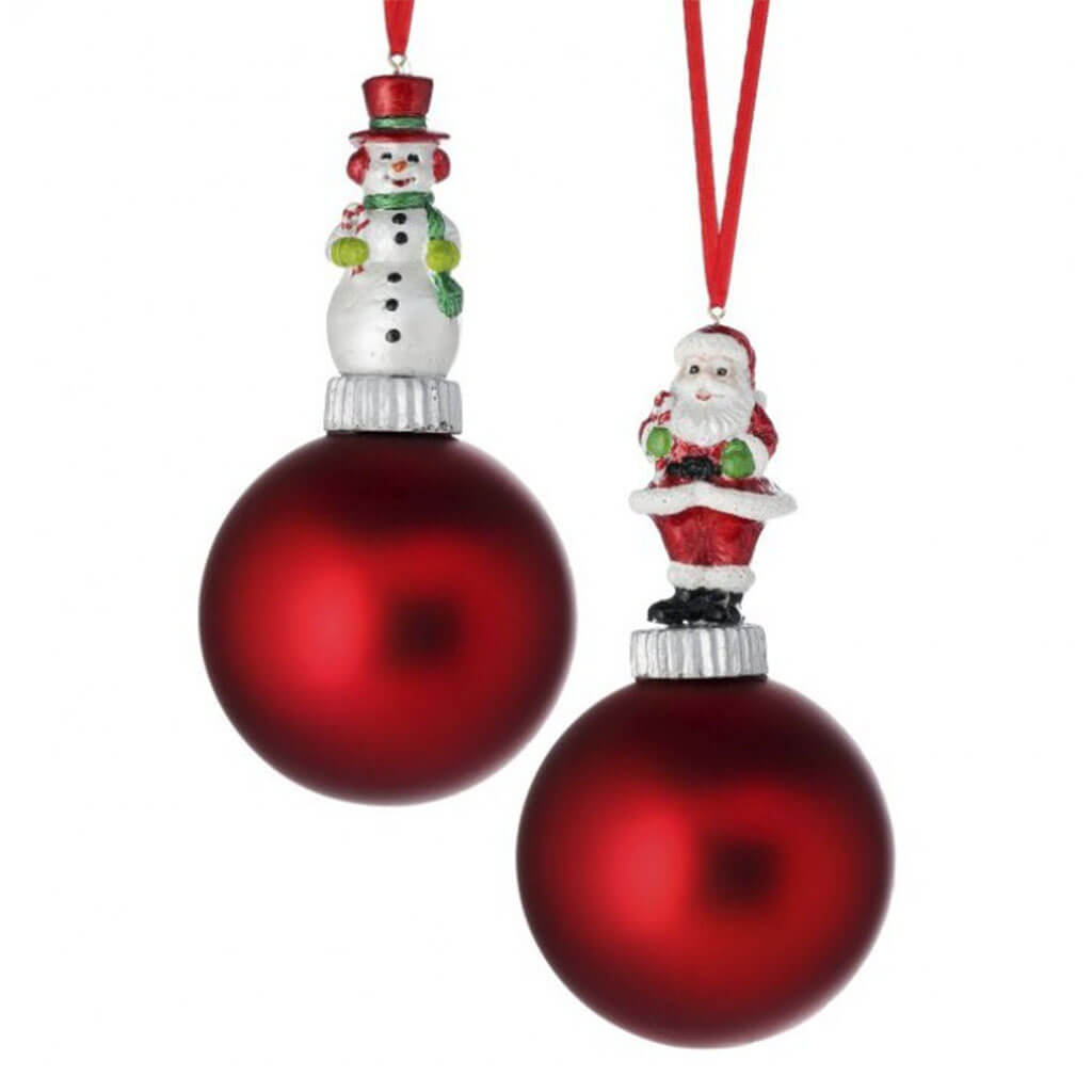 Resin/Glass Santa/Snowman On Ball Ornament Mult 6in Set of 2