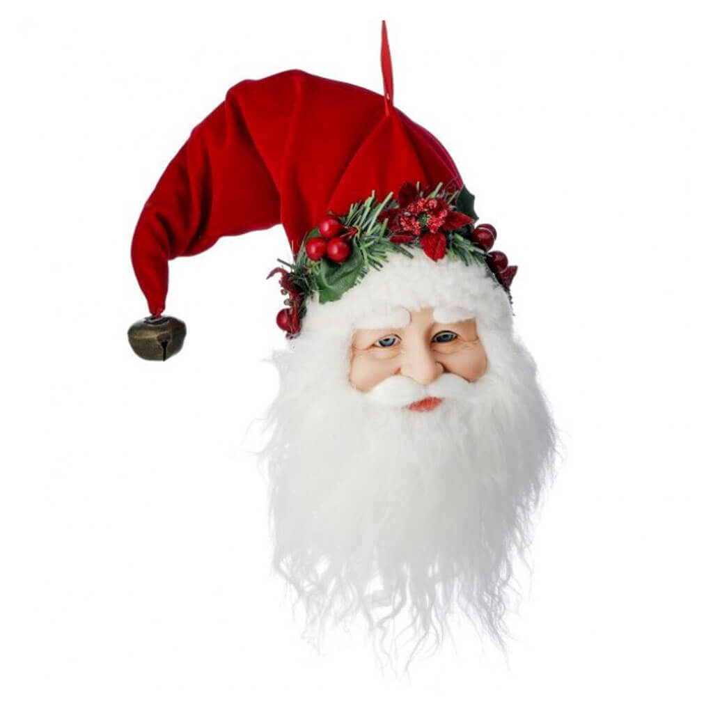 Fabric Poinsettia Santa Head Ornament Red White Green 14in