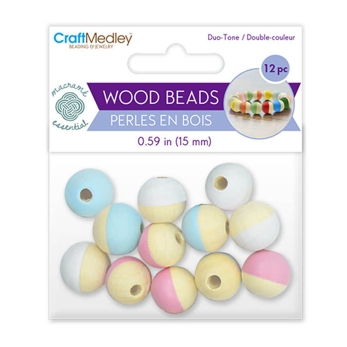 Wood Beads: 15mm Duo-Tone Wood Beads 12pk 3-Col Pastel