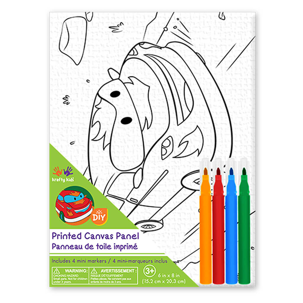 Krafty Kids Kit: 6in x 8in DIY Canvas Panel with 4 Mini Markers Racecar