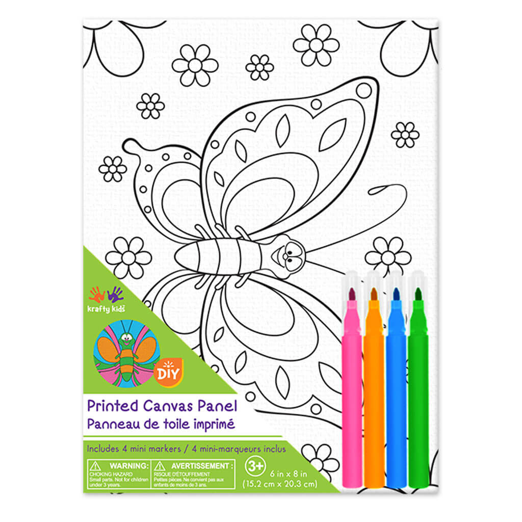 Krafty Kids Kit: 6in x 8in DIY Canvas Panel with 4 Mini Markers Butterfly