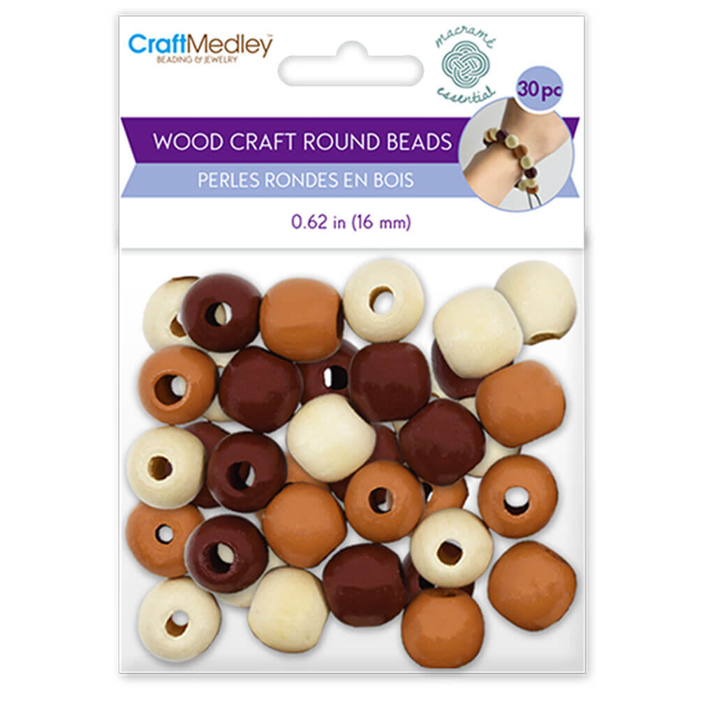 Craftwood: Round Beads Natural Wood Stained Assorted 16mm 30pc