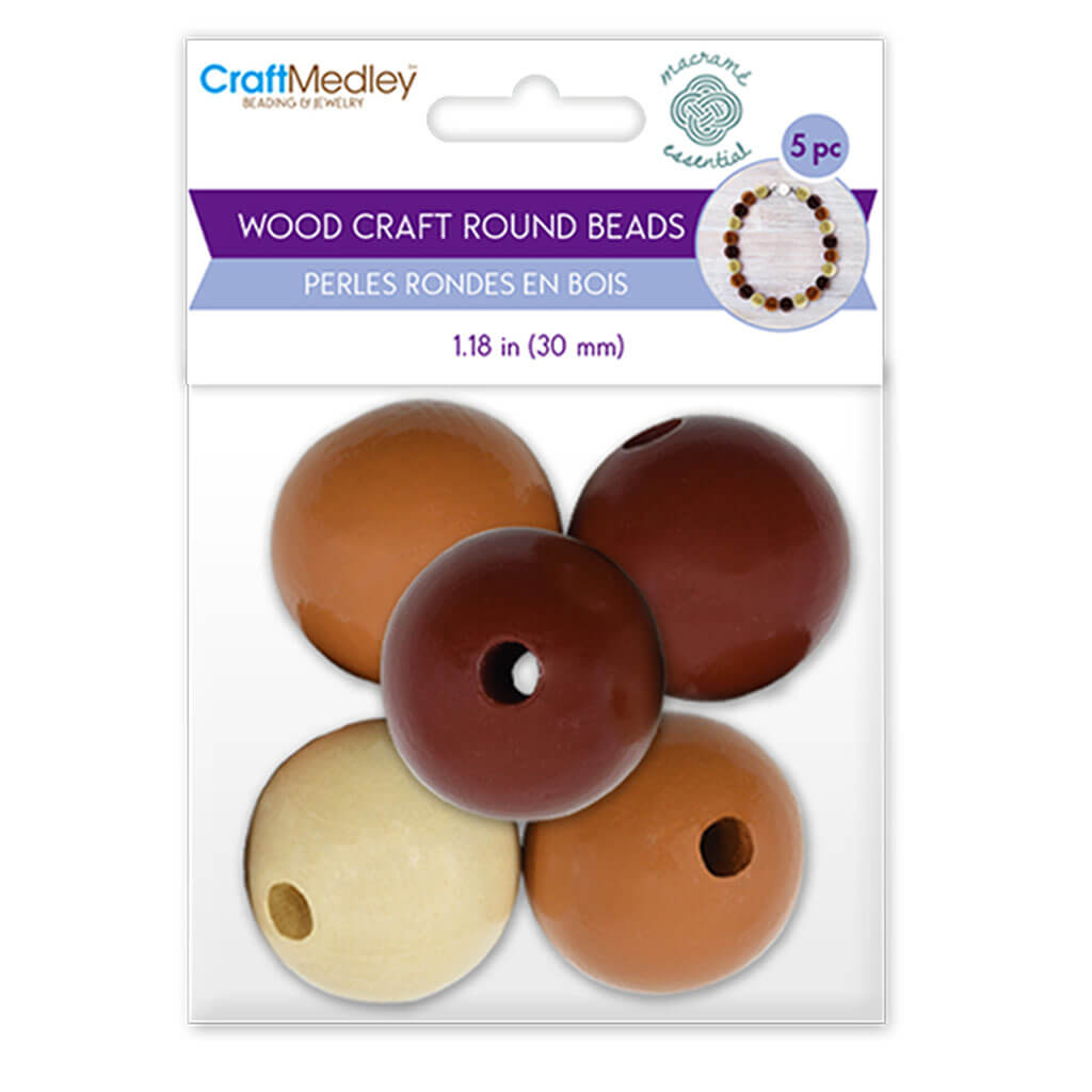 Craftwood: Round Beads Natural Wood Stained Assorted 30mm 5pc