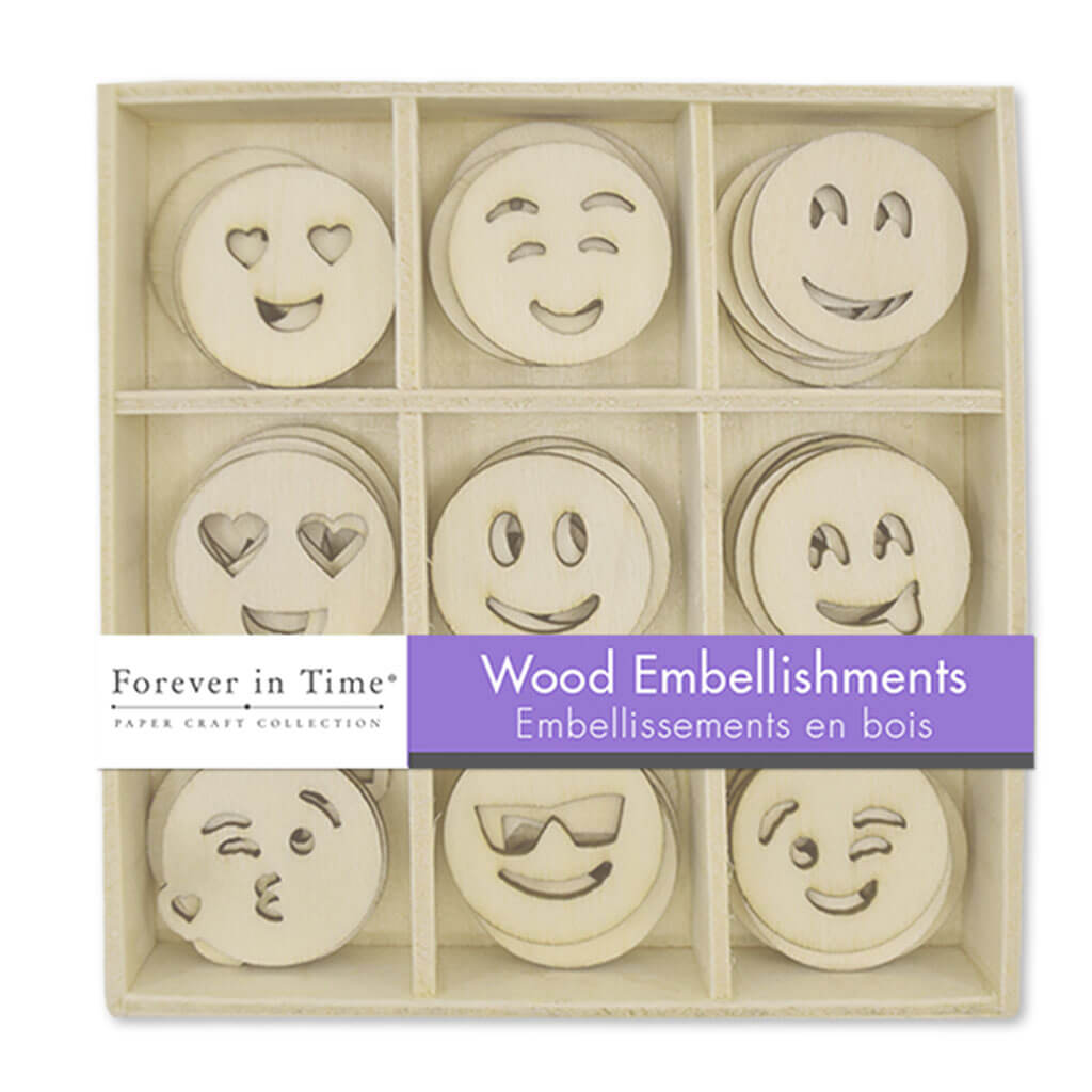 Paper Craft Emb: 45pc Mini Wood Embellishment in 9 Comp Box Emoticons