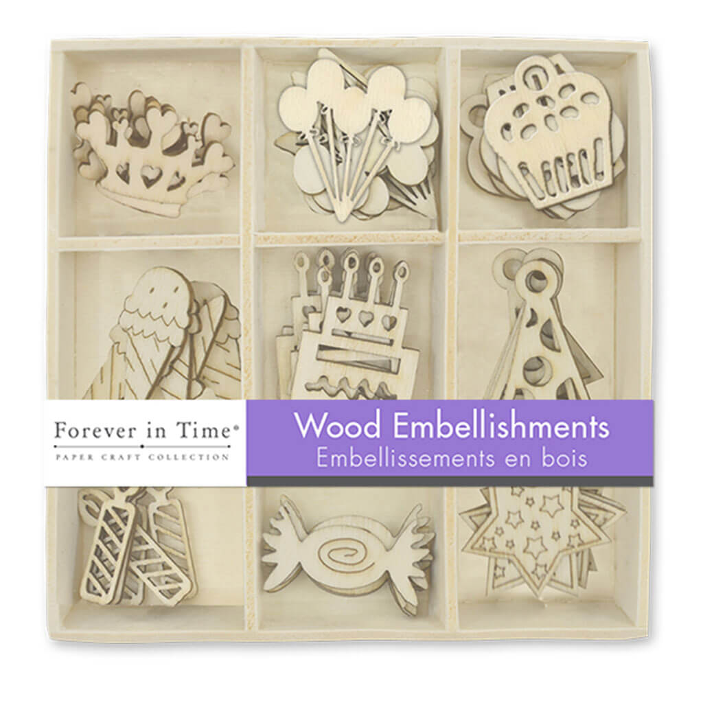 Paper Craft Emb: 45pc Mini Wood Embellishment in 9 Comp Box Birthday