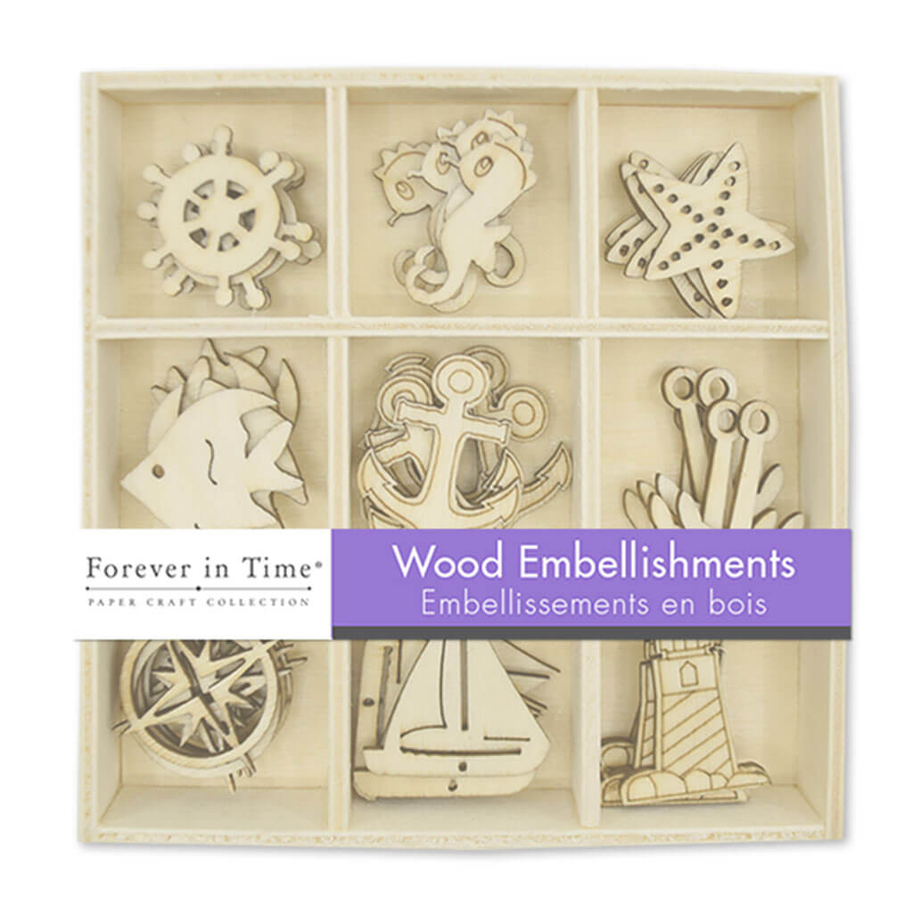 Paper Craft Emb: 45pc Mini Wood Embellishment in 9 Comp Box Nautical